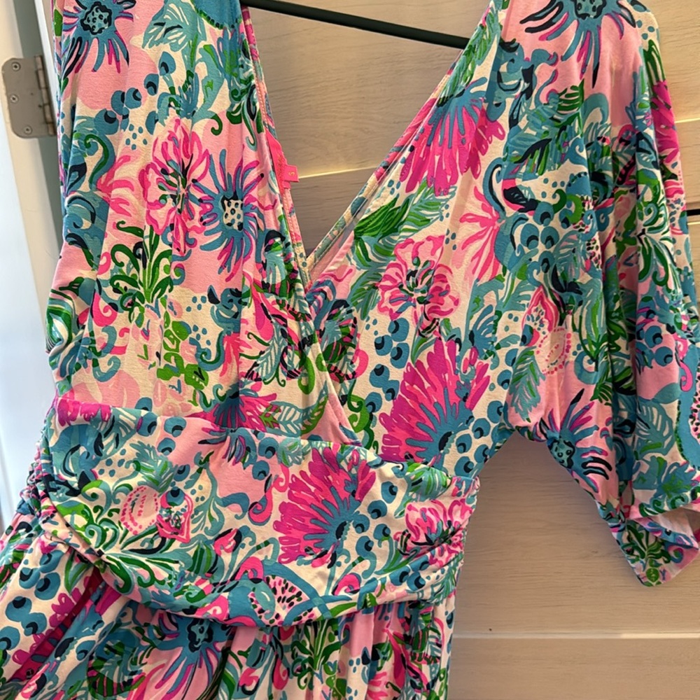 Lilly Pulitzer Pink Floral Wrap Jumpsuit with Green & Blue Botanical Print - Picture 5 of 5